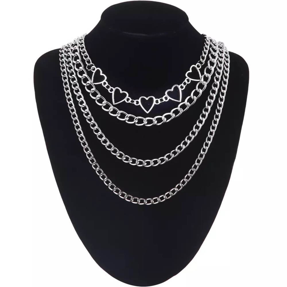 4-Piece Silver Layered Chain Necklace Set Heart Y2K